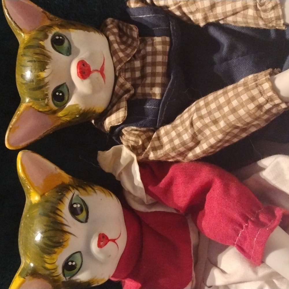 Collectible Porcelain and Cloth Dolls . Pair of Prestige Brand Cat Dolls . 70s